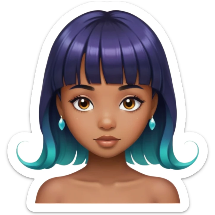 brownskin girl, beautiful girl, mermaid appearance, black straight hair with bangs above eyebrowns, nostril piercing sticker