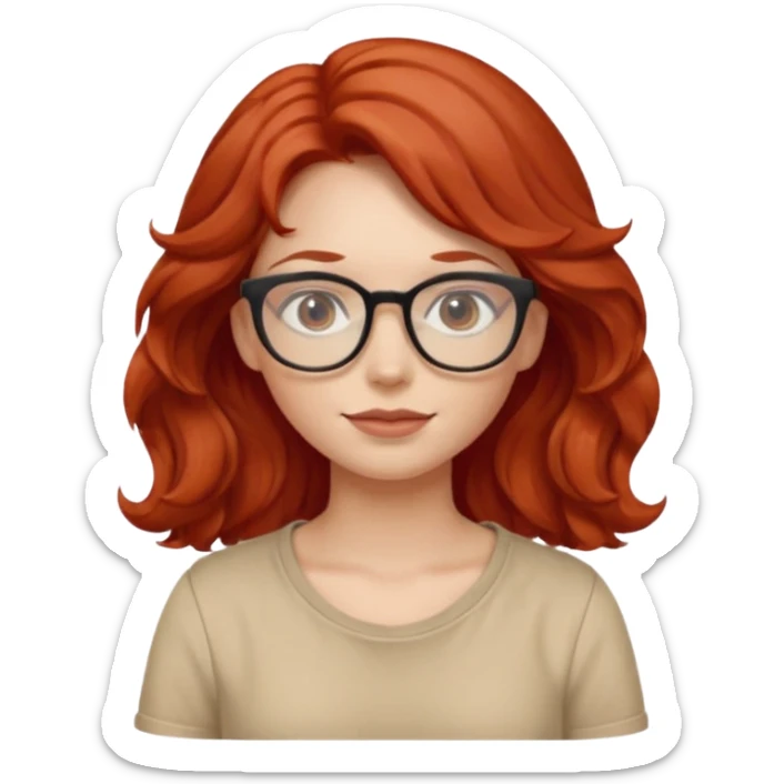 girl wear glasses, wavy red hair, beige shirt\ sticker