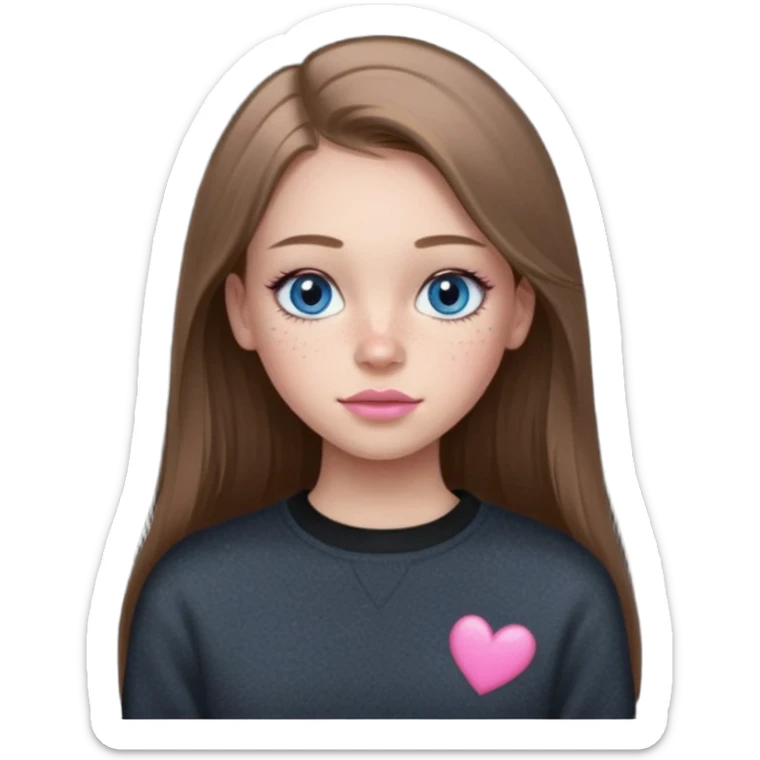 Create a teenage girl with LONG and straight light brunette hair, light skin, light freckles, and blue-grey eyes. She will have pink lips and long eyelashes. She will be wearing a black crewneck.  sticker