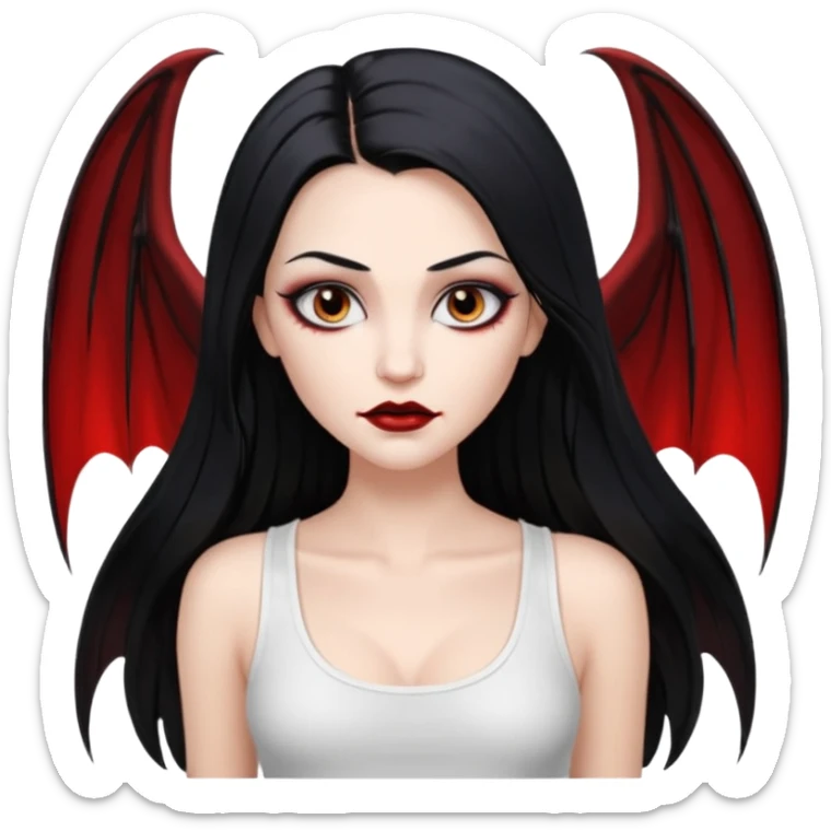 White woman with a white tank top long black hair glossy middle part straight long hair vampire look  brown eyes eyeliner winged with lashes top and bottom white border big lips black eyebrows sticker