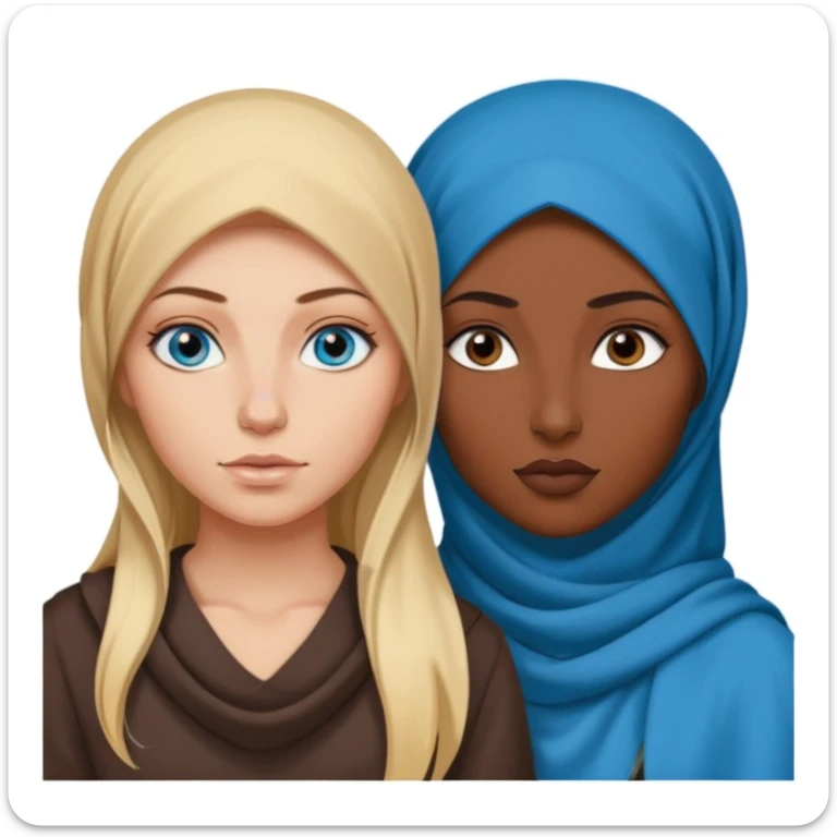 white girl with long blonde hair, blue eyes, tattoos, a septum nose piercing next to a dark skinned woman in a hijab with brown eyes sticker