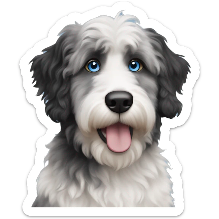 White, black, and grey aussiedoodle dog with blue eyes and black fur around the eyes sticker