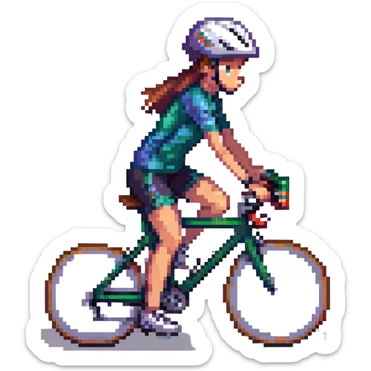 girl riding a road bike, wearing sportswear and a helmet sticker