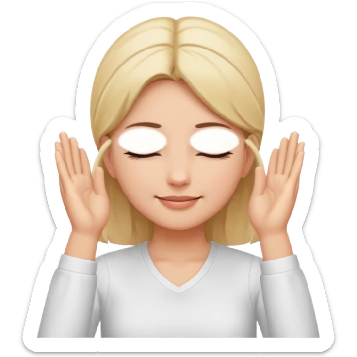 The girl with her eyes closed holds her temples with both hands and smiles slightly sticker