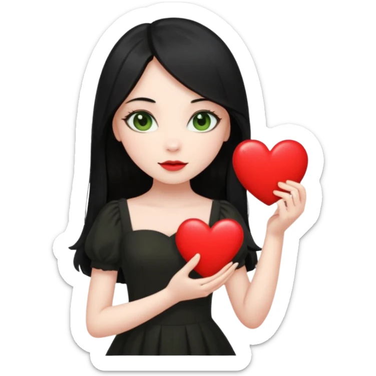 Pale girl with long black hair and olive green eyes wearing black dress and holding a heart sticker