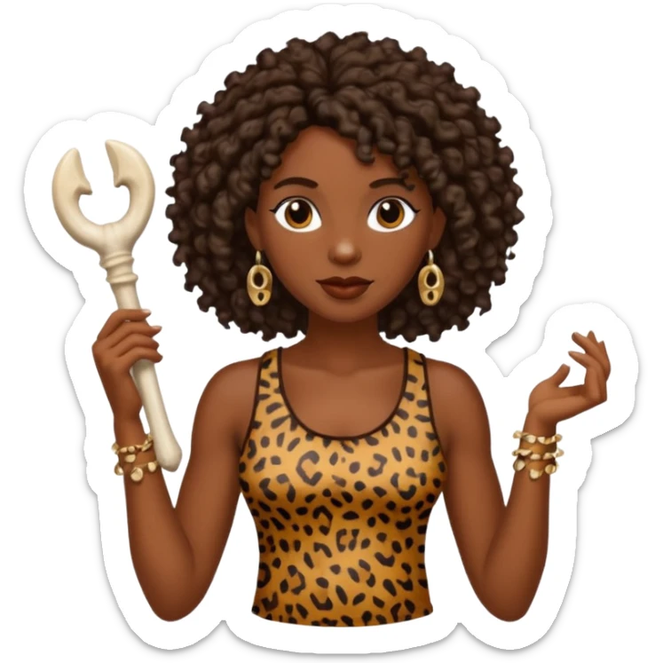 cavewoman with dark brown curly hair wearking animal print tank top and accessories sticker