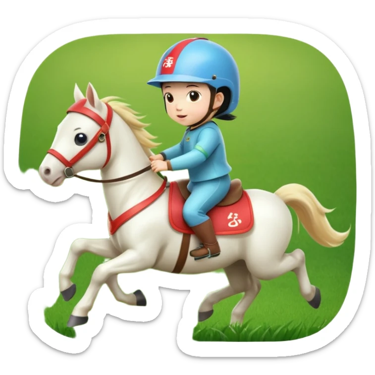 l little chinese baby riding on a  cute horse running really fast on the grass with 2026 year's label sticker