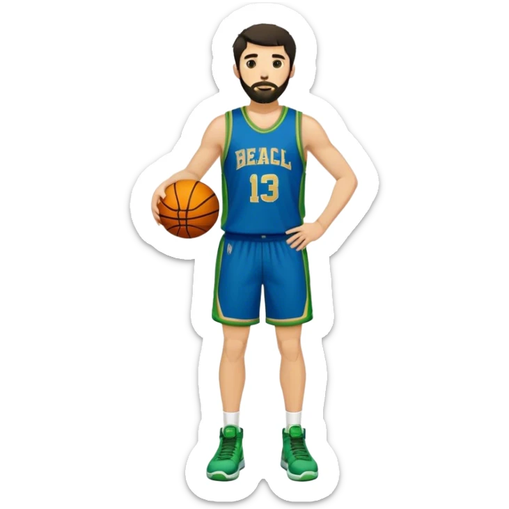 Full Body  white male basketball player with short shaggy dark hair and gold tee beard wearing blue and green uniform sticker