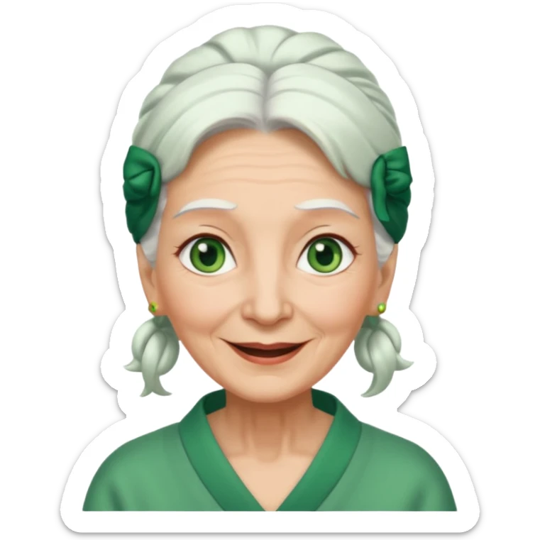 abuela con ojos verdes, pelo blanco, pelo blanco y amarrado, aspecto feliz, pelo blanco, no verde, solo verde los ojos sticker