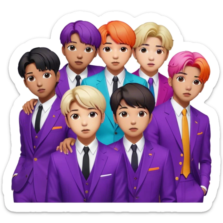 Cinematic Realistic group portrait of BTS featuring all 7 members in stylish modern attire, with detailed facial expressions and vibrant colors, captured in dynamic, contemporary lighting that emphasizes their global pop icon status sticker