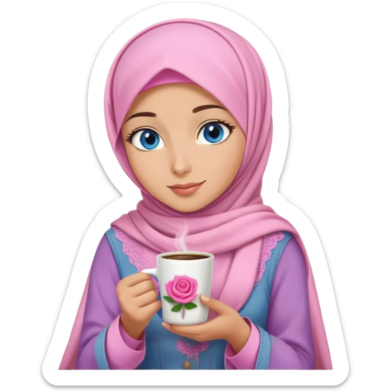 Turkish beautiful finish Konya girl blue eyes with pink and light purple denim hijab islamic dress and had on her hand Rose coffee   sticker
