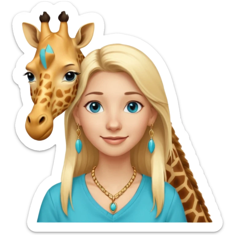 Swedish girl blonde long straigt hair blue eyes turqoise shirt gold earings, girrafe necklace gold small, very long lashes smiling closed mouth,  sticker