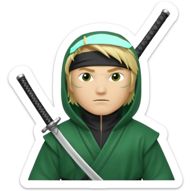 Green ninja Lloyd garmadon blonde hair, kaptur hoody on his head but blonde grzywka visible; the bottom left one is best (the one without miecze + black band + no mask of face) but add miecz; I want no band on head  sticker