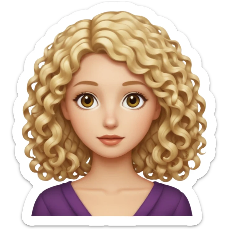Mujer rubia, pelo rizado hasta los hombros, Raya del pelo al lado, Ojos almendrados sticker