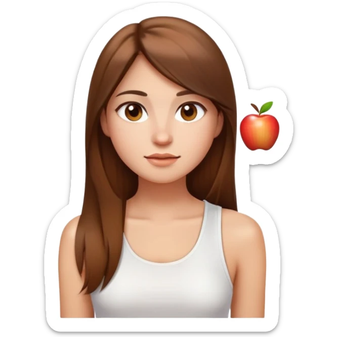 A woman with a round face, long straight brown hair, and brown eyes, wearing a white tank top. The style should resemble the Apple emoji design, with a smooth, simple appearance and bright, clear features. sticker