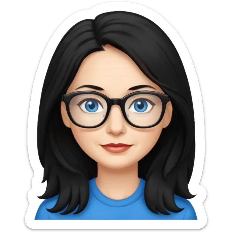 woman 50 years old, long and fluffy black hair, blue eyes, glasses sticker