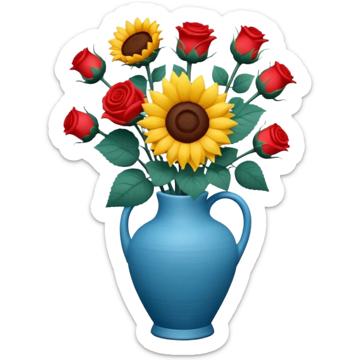 sunflowers and red roses bouquet in a ceramic blue vase, soft claymation realistic sticker