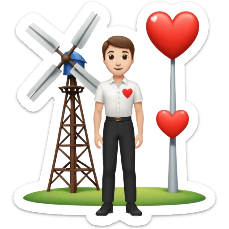 a white man with brown hair and a white shirt and black pants standing next to a windmill with a heart  sticker