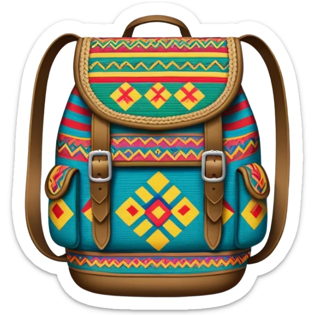 Cinematic Realistic image of a traditional Colombian mochila, rendered with detailed woven textures and vibrant patterns, set against a rustic backdrop with soft, cultural lighting sticker