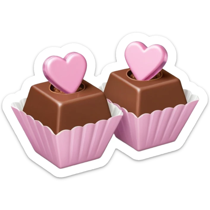 Two square milk chocolate Each of the two chocolates will have its own pralines only, Each praline is a sharp-edged cube with smooth glossy chocolate coating, placed in a small white fluted paper candy cup. On top of each cube is a flat pastel pink heart-shapedwith fine sugar crystal sparkle. sticker