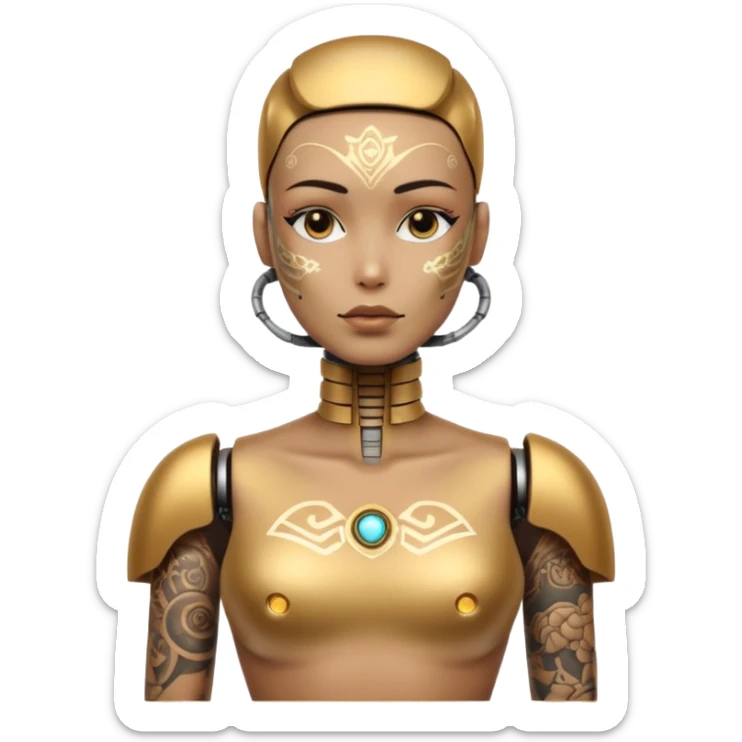 gold Tatooed robot with rada, big many tatooes on chest, neck and face, white tatoo on face sticker
