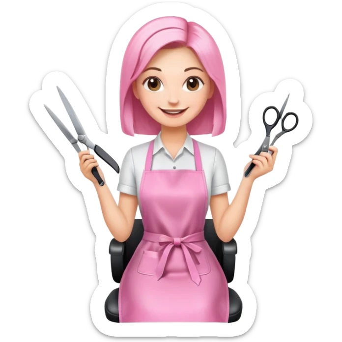 happy woman client in pink apron sitting in salon chair, female hairstylist smiling behind her with scissors sticker