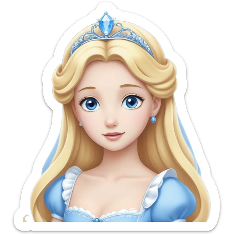Cinematic Elegant Cinderella Portrait Emoji, Graceful and poised in her classic maid attire, golden locks cascading softly, bright blue eyes full of hope, a gentle glow of kindness and determination, delicate and humble yet undeniably beautiful, evoking the moment before her magical transformation, pure enchantment in her gaze! sticker