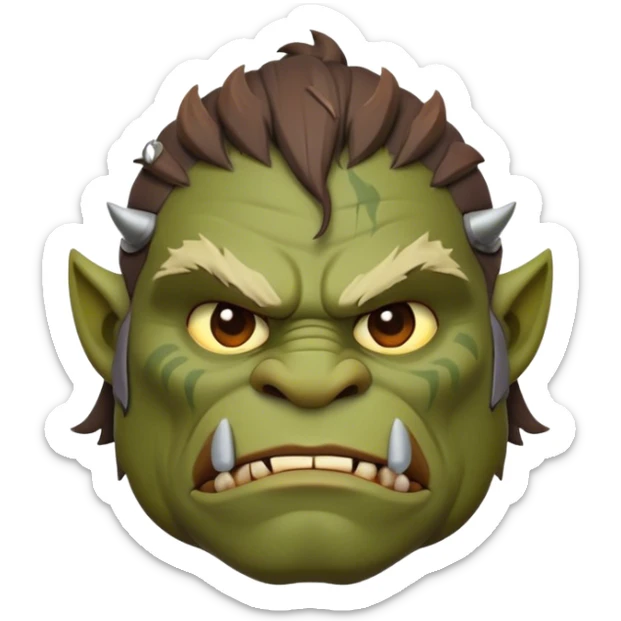 Cinematic Noble Ogre Portrait Emoji, Majestic and imposing, with a rugged, muscular form in deep earthy greens and browns, adorned with battle scars and subtle tribal markings, exuding calm, noble strength and unexpected wisdom, simplified yet strikingly detailed, glowing with a shadowy outline that captures the essence of a gentle giant with fierce heart! sticker
