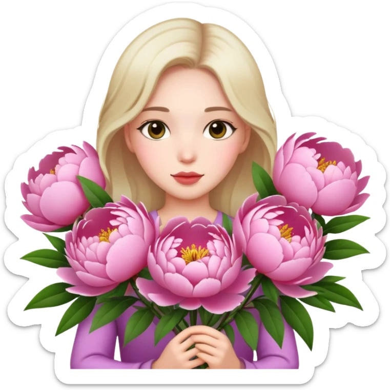 Upper body photo of a beautiful girl holding many peony flowers sticker