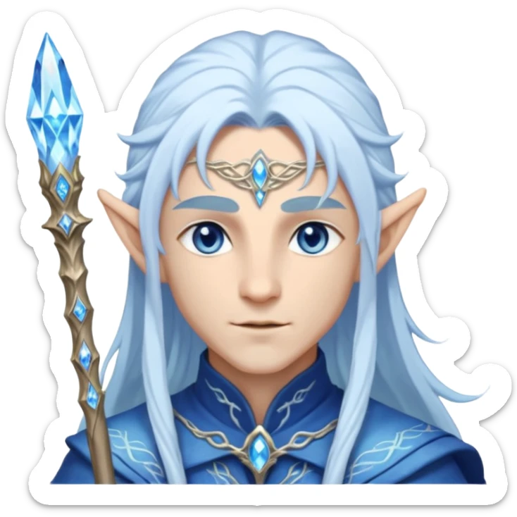 Legendary fantasy Christmas elf portrait icon, Santa Claus and Snow Maiden inspired, ancient winter spirit style, long flowing white-blue hair, glowing frost eyes, crystal staff, elegant elven features, divine winter magic aura, icy silver color palette, highly detailed but clean emoji icon male sticker