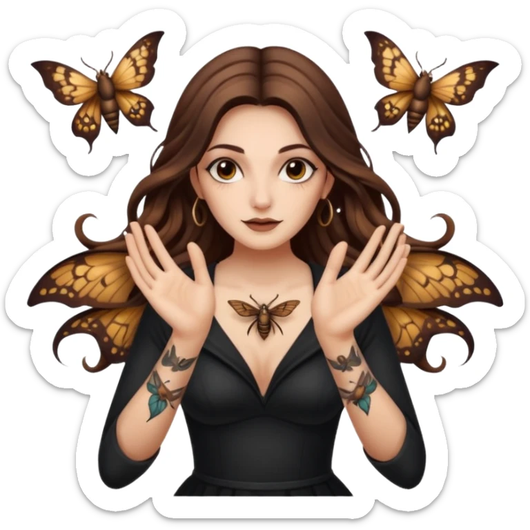 night witch woman long wavy brown hair tattoos spinning moth from fingers sticker
