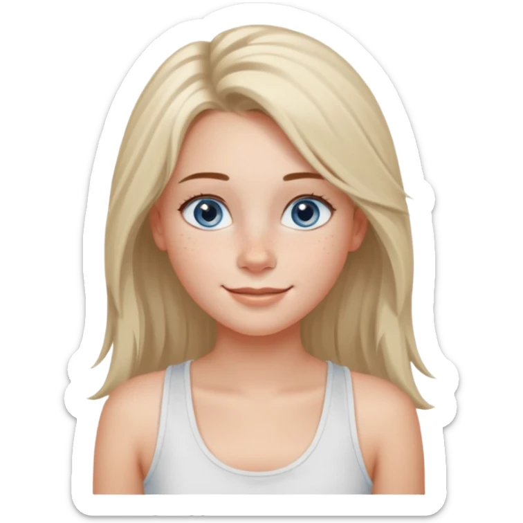 Una chica de tez blanca con pecas, nariz respingada, labios gruesos, ojos grandes color azul grisáceo, pelo largo, lacio, color avellana. Con una blusa de tirantes blanca. Que este sonriendo y q solo se vea de la cintura hacía arriba sticker