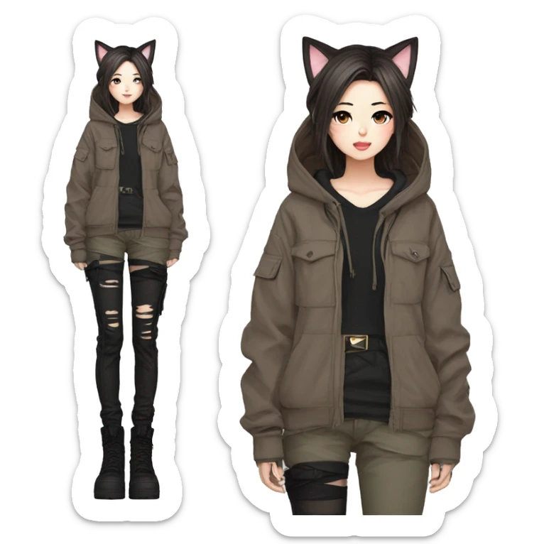 Edgy cool shy Asian urban beautiful pretty anime punk tomboy with cat ears techwear cargo pants hoodie brown hair collar  sticker