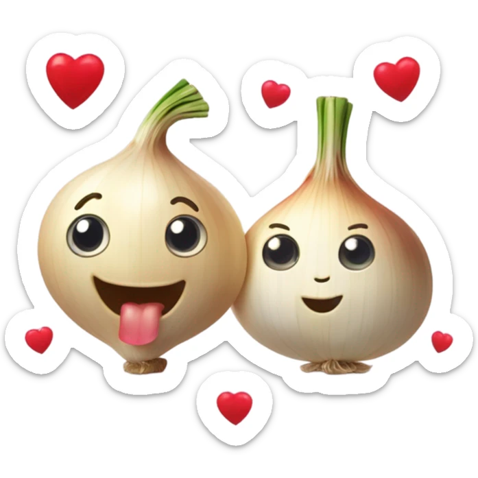 n emoji of a cute garlic clove and a smiling onion looking at each other with love. They have big, adorable eyes and rosy cheeks. Small red hearts float around them, and they appear to be blushing, creating a romantic and funny atmosphere. sticker