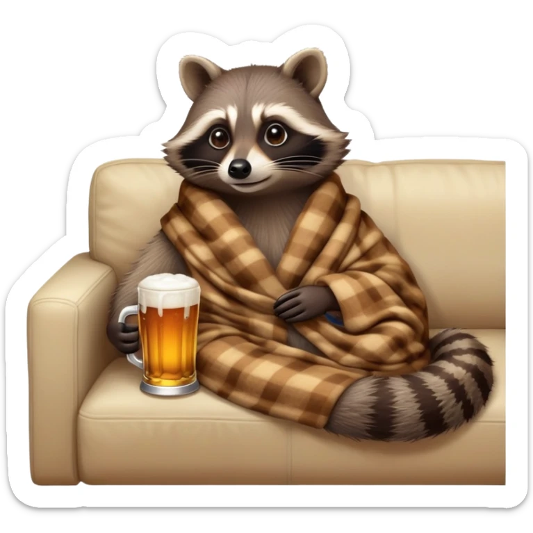 A cozy raccoon lounging at home, holding a cold beer, watching TV with a relaxed expression, warm indoor lighting, soft couch, and a comfy blanket. sticker