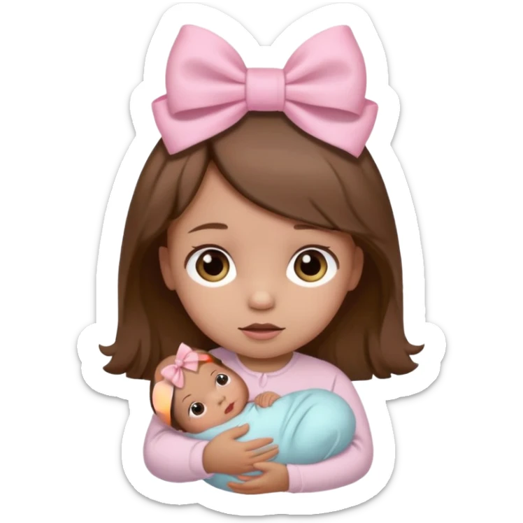 Newborn babygirl with brown hair and light pink bow on her head sticker