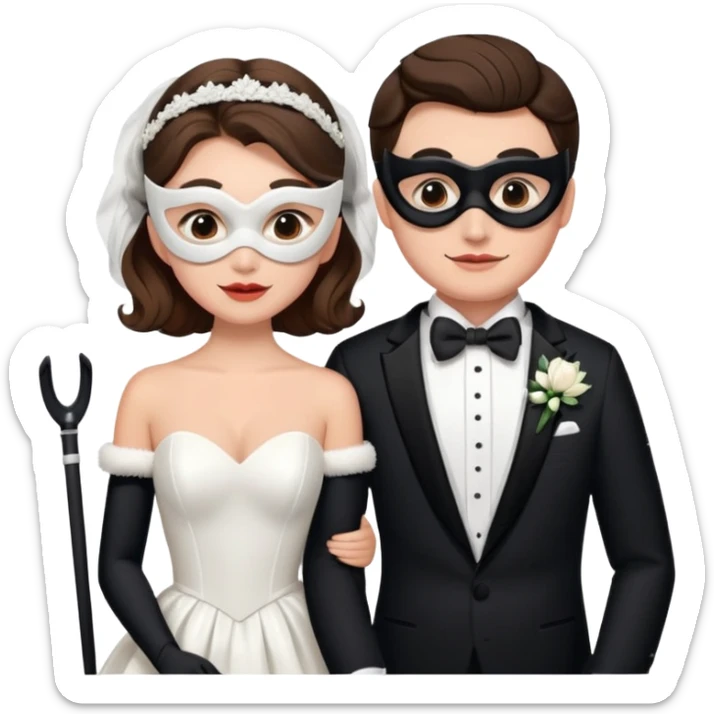 a recently marries couple skiing, masks on in wedding dress and tux sticker