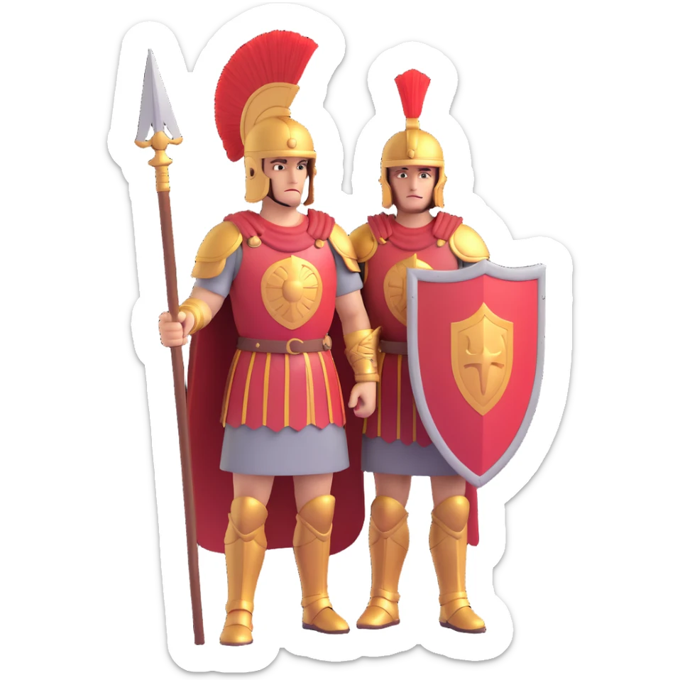 roman empire soldier, detailed armor, helmet with plume, shield and spear, standing pose, vibrant colors sticker