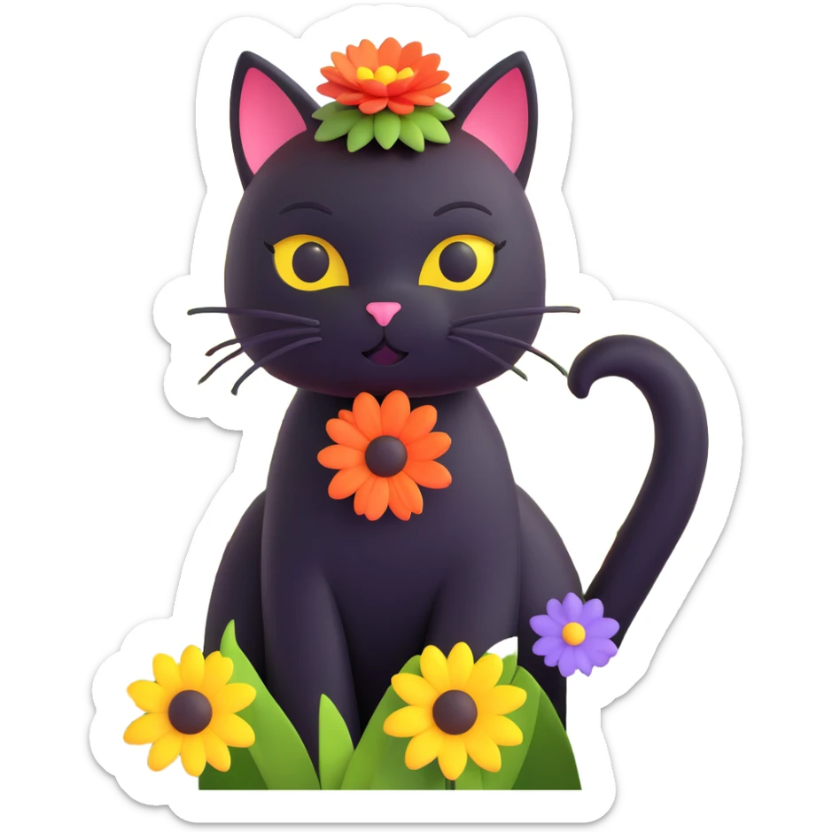 a black cat with a flower on its head in a field of flowers, vibrant colors sticker