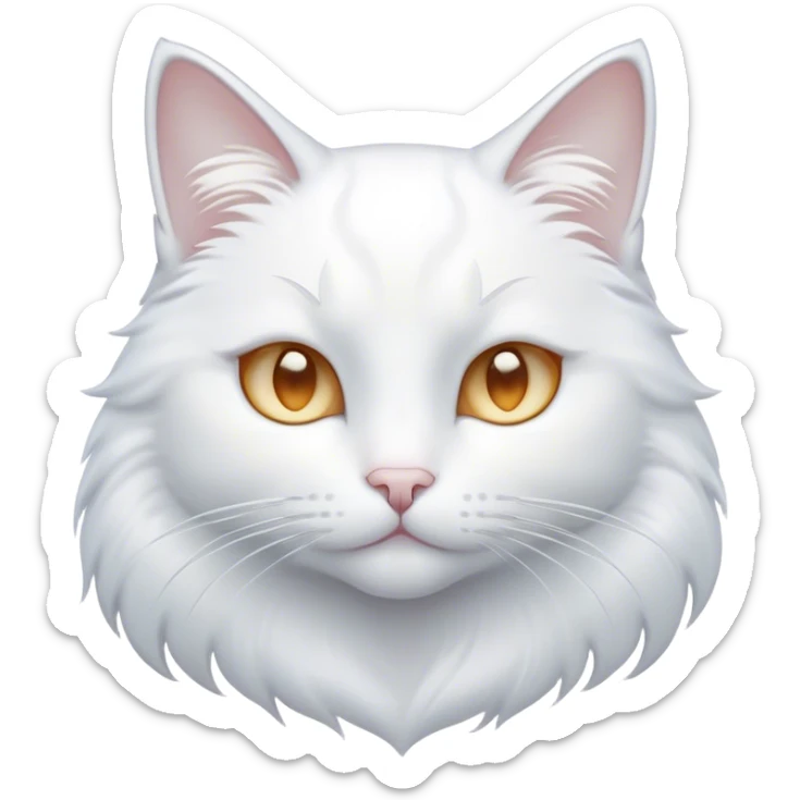 Cinematic Noble White Cat Portrait Emoji, Poised and stately, with a pristine, snow-white fur accented by delicate hints of silver, refined whiskers and a serene, focused gaze, simplified yet impeccably detailed, glowing with an ethereal radiance and timeless elegance, high shine, exuding calm intelligence and regal simplicity, soft glowing outline, capturing the essence of a noble white cat that radiates quiet majesty! sticker