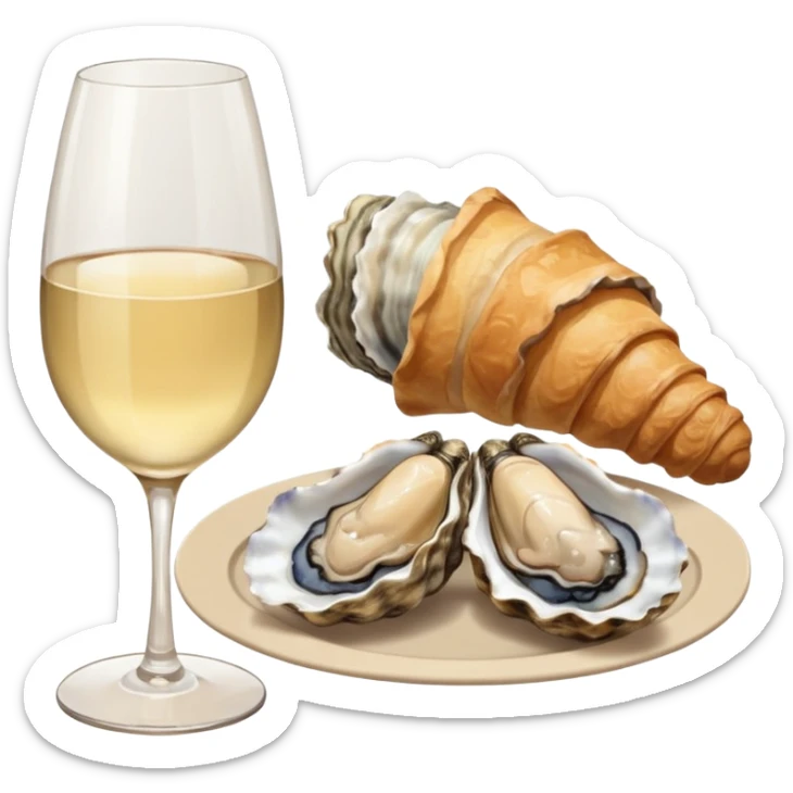 French cuisine humanless avatar in clean emoji-style illustration. 1 Croissant, oysters and wine glass, soft beige tones, simple shapes, flat design, refined and cozy. sticker