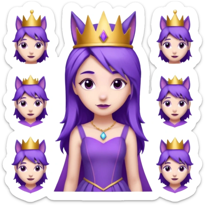  a cute princess wearing a purple dress and crown with purple hair and purple wolf ears and purple wolf tail character. Each square shows the character doing different actions against a white background And make a gap between each illusion sticker