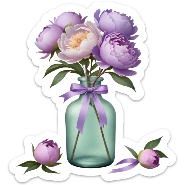 "An antique glass bottle, its surface weathered by time, cradles a loose arrangement of pastel purple peonies with petals as soft as whispered secrets. A hand-dyed silk ribbon in muted lilac cascades down the neck of the bottle, its frayed edges telling a story of elegance and age. Sunlight streams through the glass, casting delicate, shifting silhouettes of petals onto the embroidered lace below, as if nature itself had painted a moment of quiet grace."






 sticker