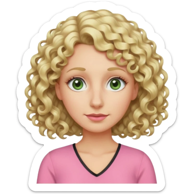 a woman in her late 40s and has greyish greenish eyes and blonde curly hair wearing a pink top  triangle nose sticker