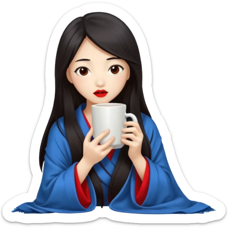 sexy asian japanese girl, red lips, long dark hair, feeling ill, sickness, nose is red due to sickness, head and body covered by blanket, holding tea mug in hands sticker