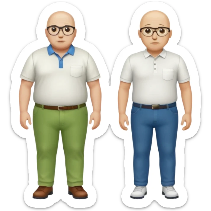 two guys, the first guy is white bald have glases a white dressshirt with rolled up sleeves and green pants he is over weight, The second guy has a yellow skin tone white golf shirt blue jeans and bald they should stand next to eachother sticker