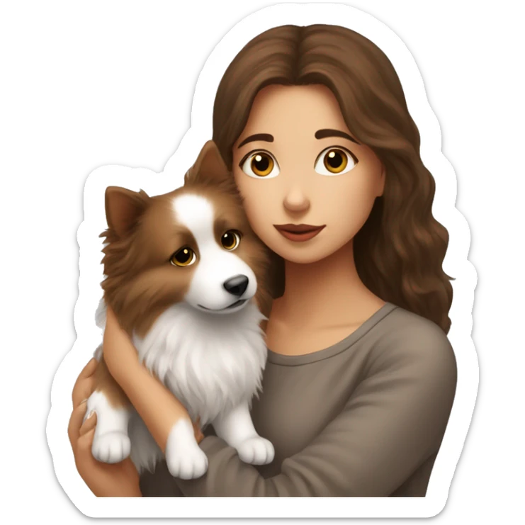 beautiful girl with brown hair kissing her fluffy spitz dog sticker