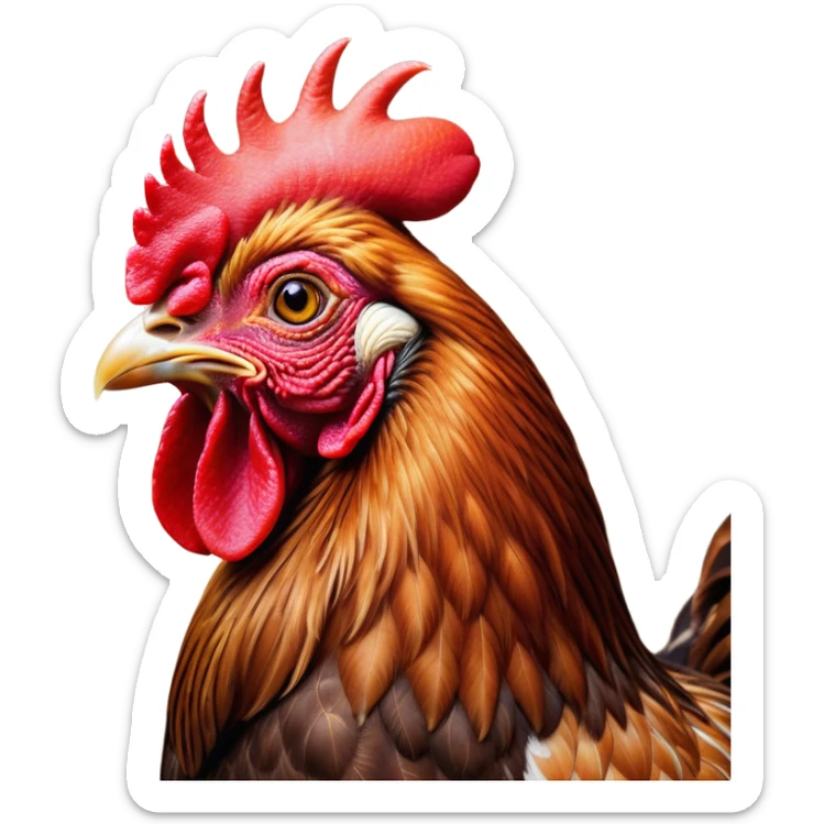 Cinematic Noble Brown Rooster Portrait Emoji, Poised and regal, with a robust, commanding build and a rich, well-groomed brown plumage, deep-set soulful warm eyes, Simplified yet sharp and sophisticated features, highly detailed, glowing with a soft, dignified glow, high shine, intelligent and proud, stylized with an air of rustic majesty, focused and attentive, soft glowing outline, capturing the essence of a watchful and confident leader, so majestic it feels as though it could crow out of the screen with effortless authority! sticker