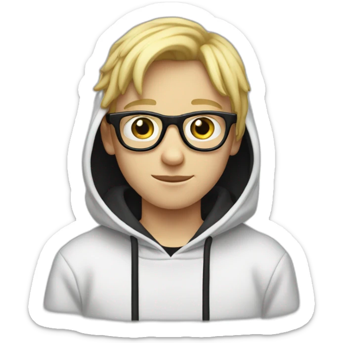 realistic thin white teenager with blond hair.  He is cross-eyed and wears black glasses.  He is also wearing a white hooded sweatshirt.  he has black eyes and a long face. Long neck sticker