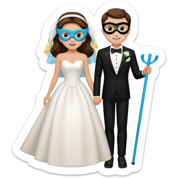 a recently marries couple skiing, masks on in wedding dress and tux sticker